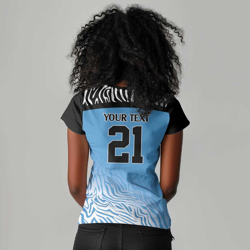 Botswana Cricket Custom Women V-Neck T-Shirt Baggy Blues African Zebra Skins Pattern - African Pride