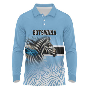 Botswana Independence Day 1966 Long Sleeve Polo Shirt Tribal African Zebra Skins Pattern - African Pride