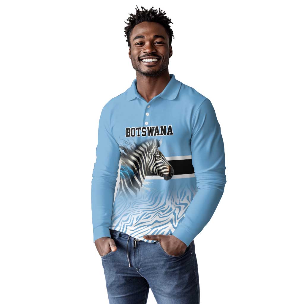 Botswana Independence Day 1966 Long Sleeve Polo Shirt Tribal African Zebra Skins Pattern - African Pride