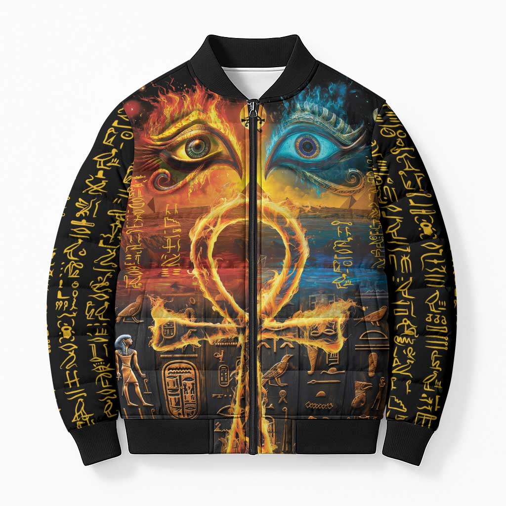 Eye of Ra and Eye of Horus Bomber Puffer Jacket Power and Magic Ancient Egyptian Mythology