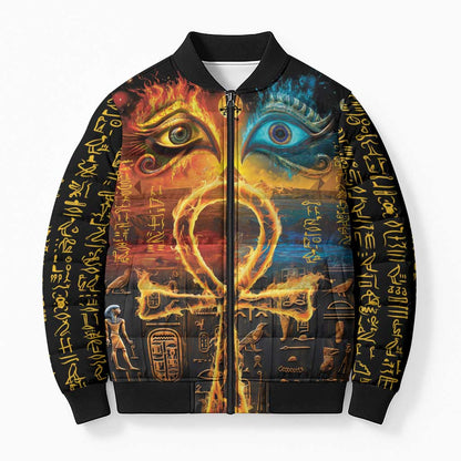 Eye of Ra and Eye of Horus Bomber Puffer Jacket Power and Magic Ancient Egyptian Mythology