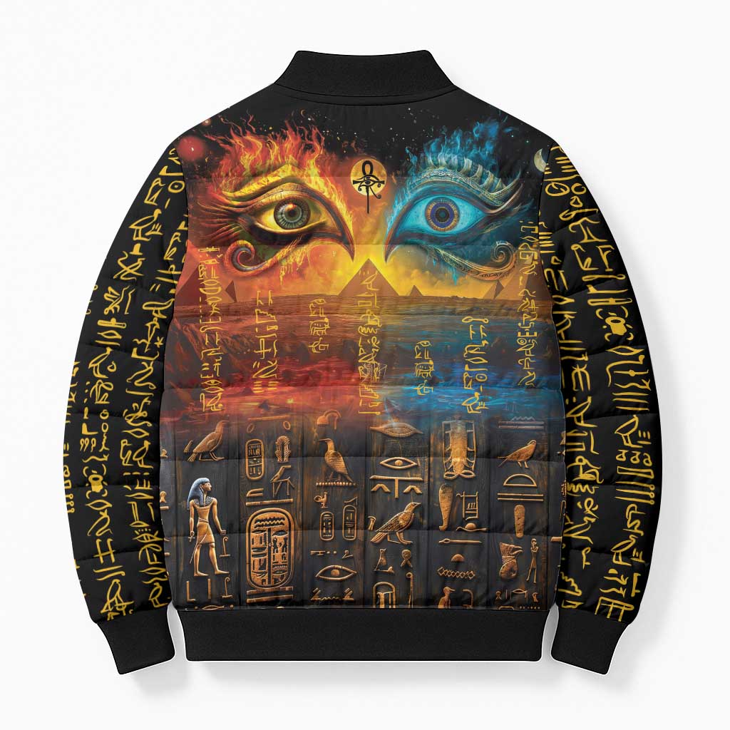 Eye of Ra and Eye of Horus Bomber Puffer Jacket Power and Magic Ancient Egyptian Mythology