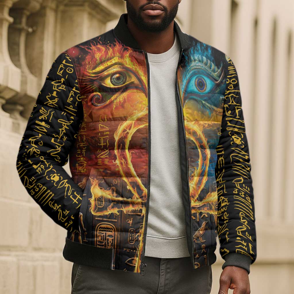 Eye of Ra and Eye of Horus Bomber Puffer Jacket Power and Magic Ancient Egyptian Mythology