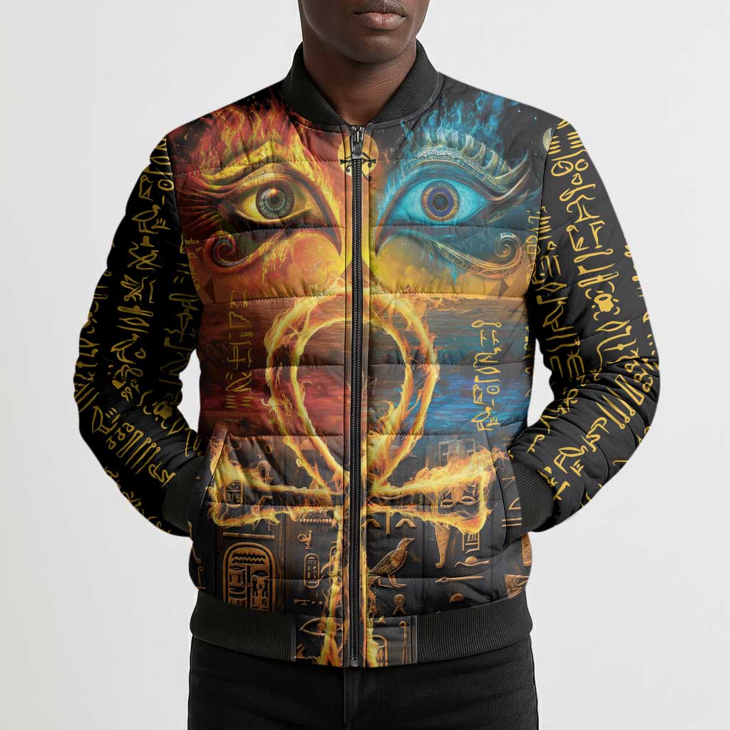 Eye of Ra and Eye of Horus Bomber Puffer Jacket Power and Magic Ancient Egyptian Mythology