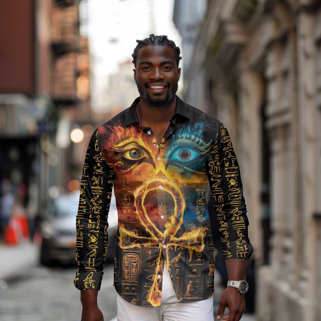 Eye of Ra and Eye of Horus Long Sleeve Button Shirt Power and Magic Ancient Egyptian Mythology