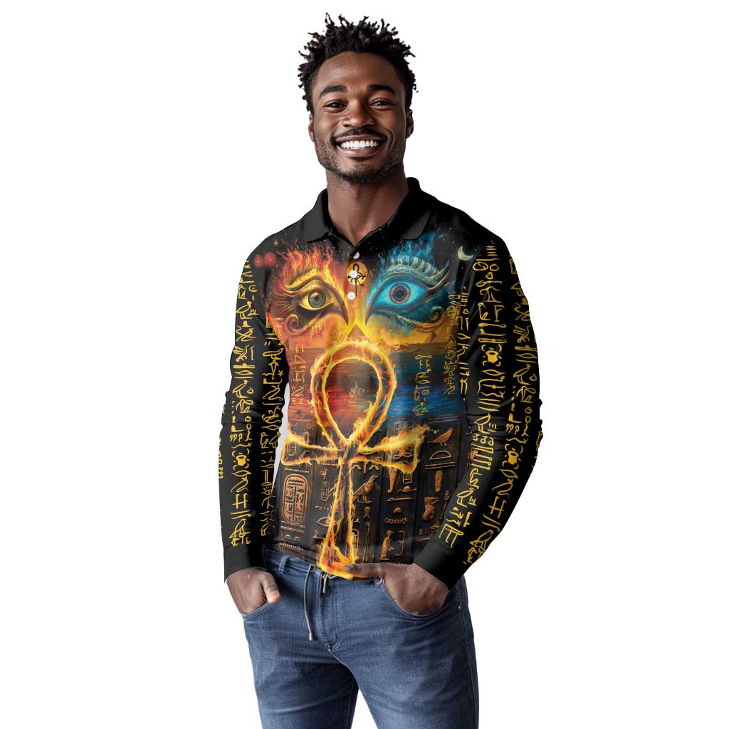 Eye of Ra and Eye of Horus Long Sleeve Polo Shirt Power and Magic Ancient Egyptian Mythology