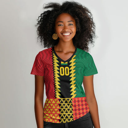 Ghana Wiase Kuruwa Custom Women V-Neck T-Shirt Kente Pride Edition