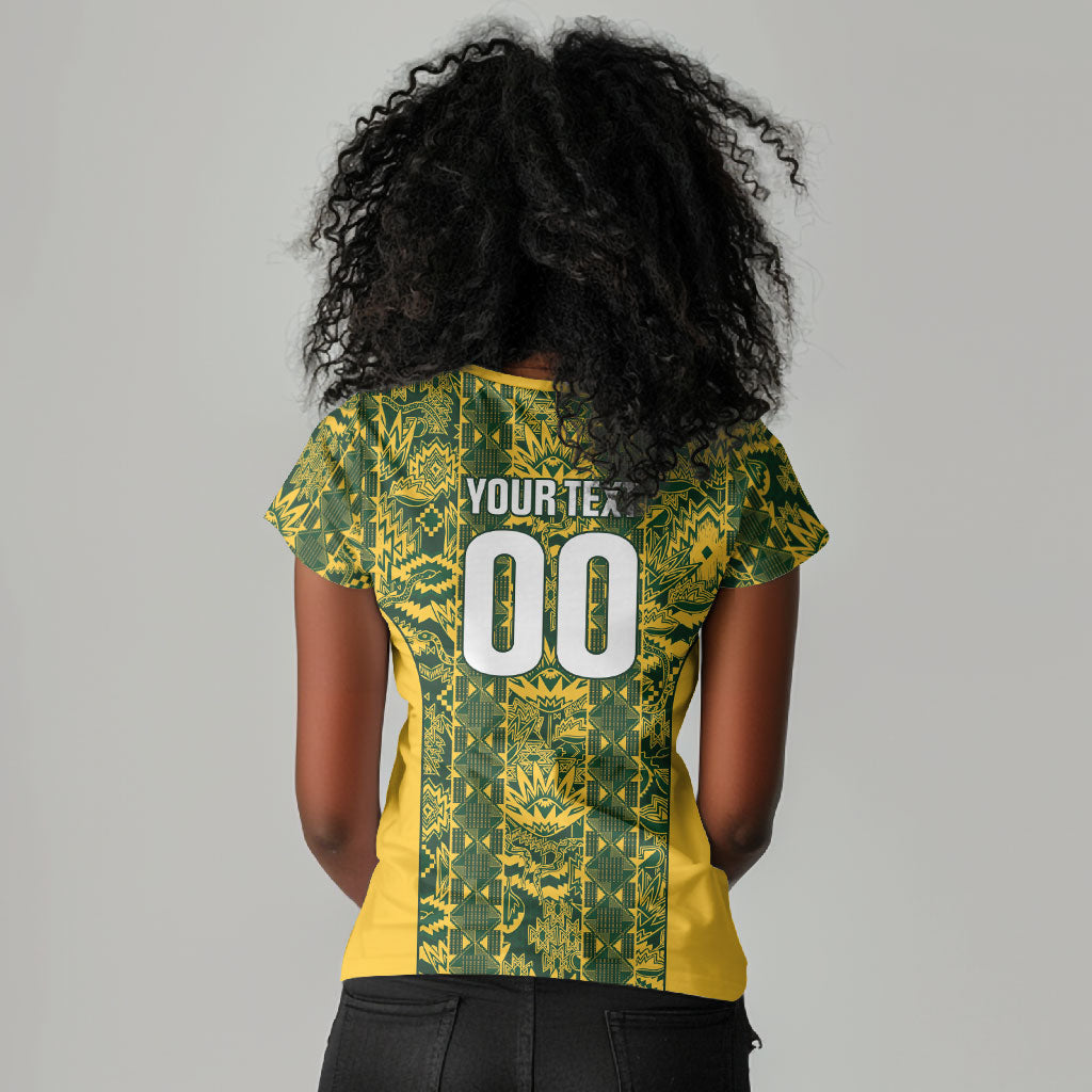 South Africa Indebe Yomhlaba Custom Women V-Neck T-Shirt Ndebele Art Gold Edition