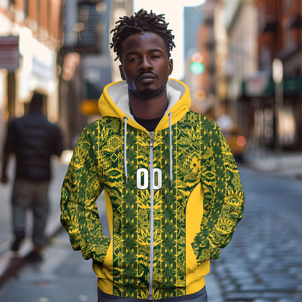 South Africa Indebe Yomhlaba Custom Zip Hoodie Ndebele Art Gold Edition