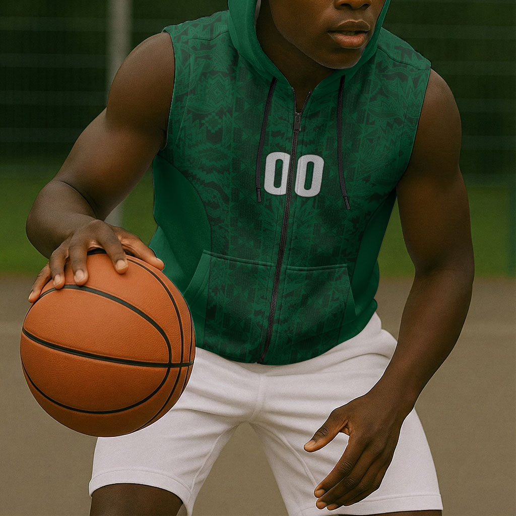South Africa Indebe Yomhlaba Custom Sleeveless Zip Hoodie Ndebele Art Green Edition