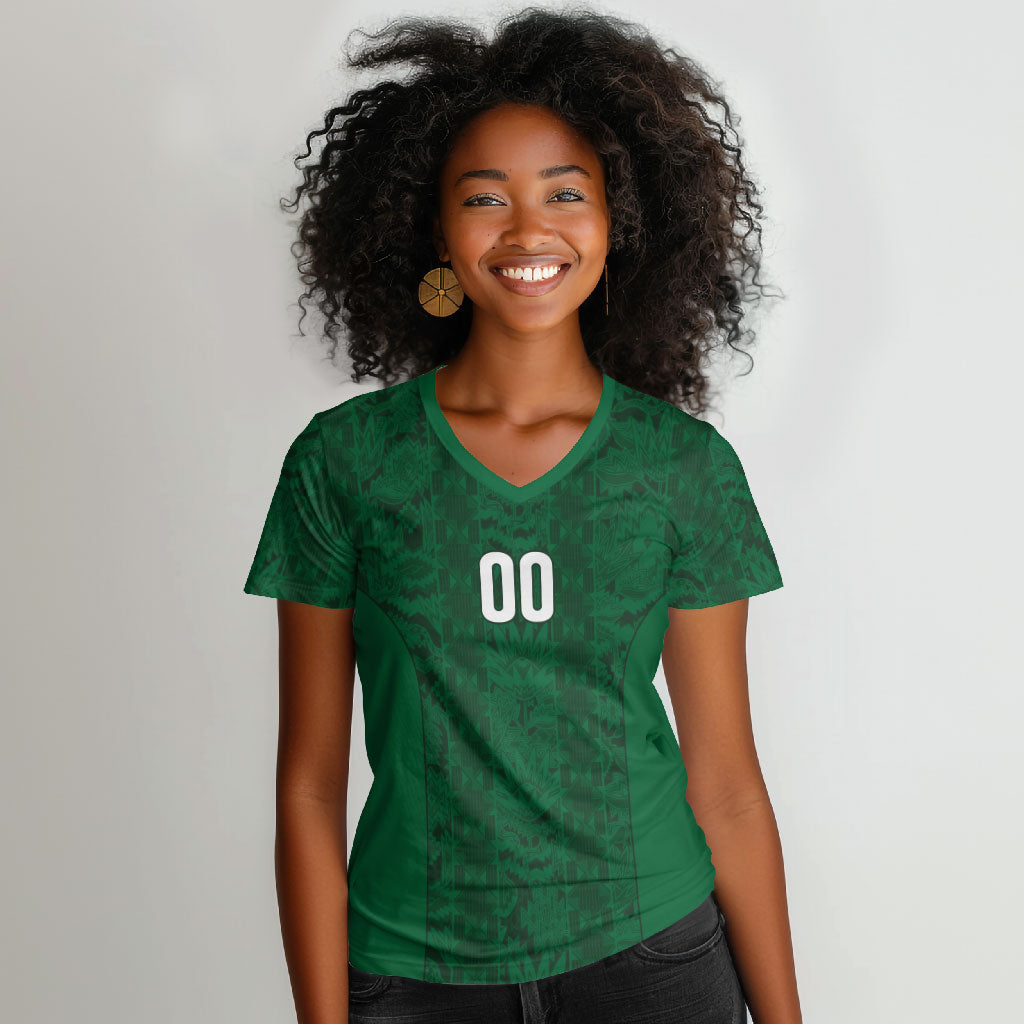 South Africa Indebe Yomhlaba Custom Women V-Neck T-Shirt Ndebele Art Green Edition