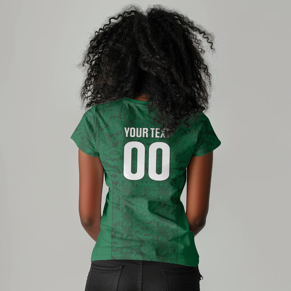South Africa Indebe Yomhlaba Custom Women V-Neck T-Shirt Ndebele Art Green Edition