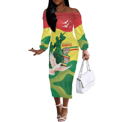 Personalized Senegal Independence Day Off The Shoulder Long Sleeve Dress African Renaissance Monument