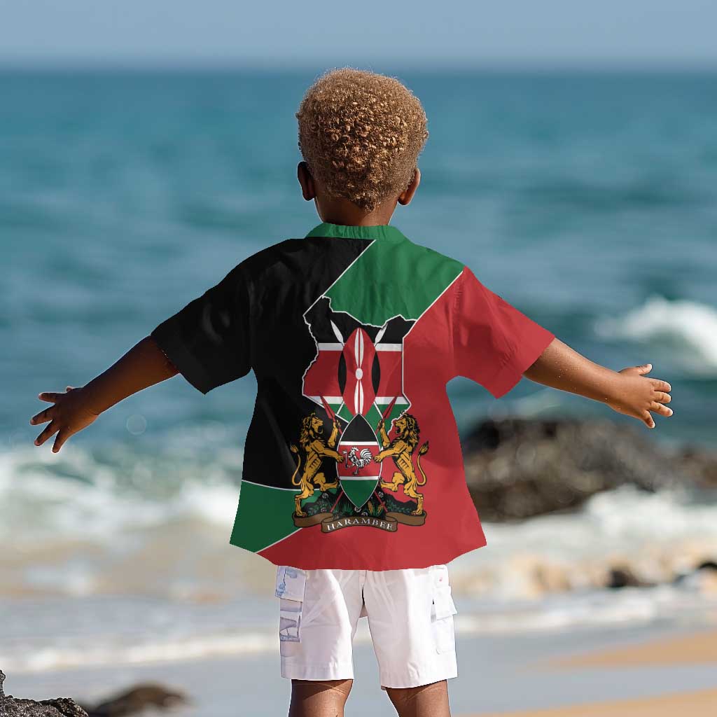 Kenya 254 Kid Hawaiian Shirt Kenyan Flag Map Double Lion Shield - African Pride