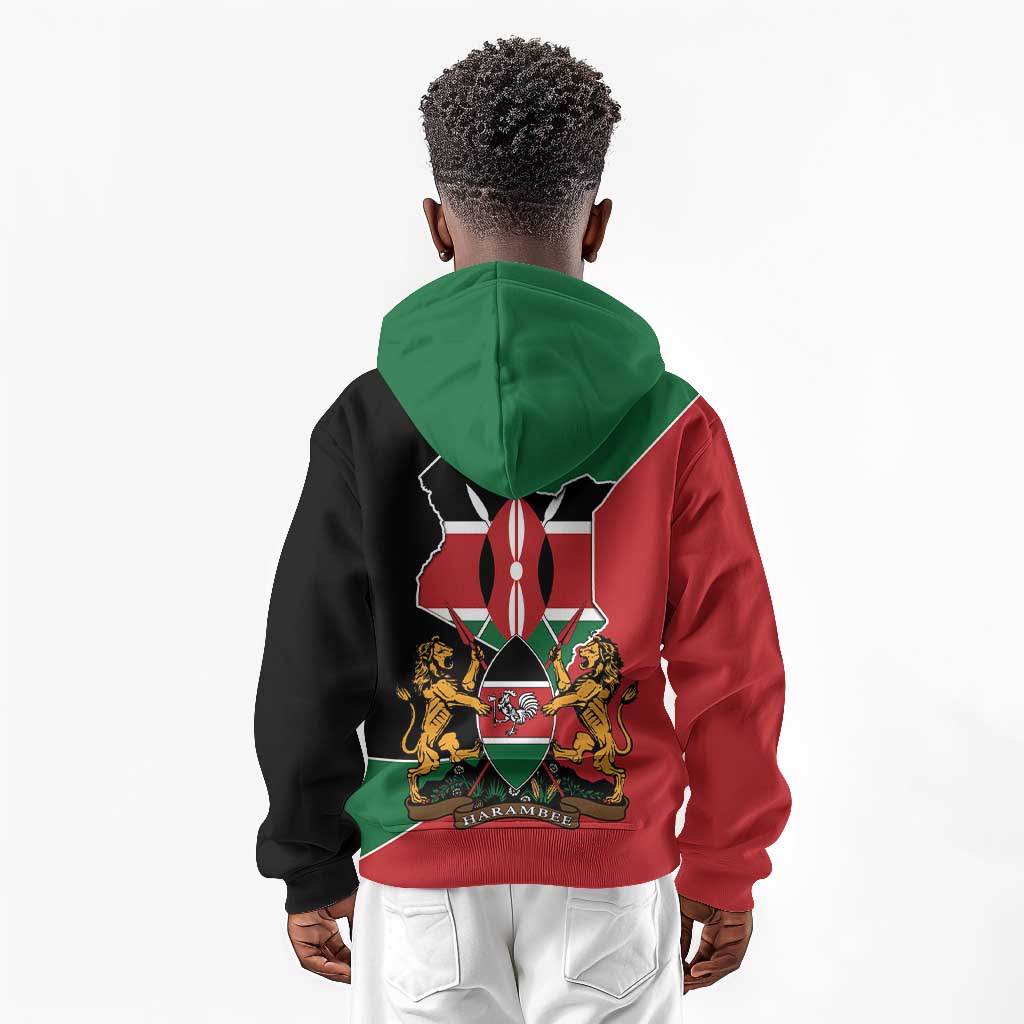 Kenya 254 Kid Hoodie Kenyan Flag Map Double Lion Shield - African Pride