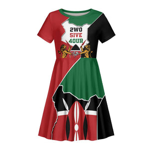 Kenya 254 Kid Short Sleeve Dress Kenyan Flag Map Double Lion Shield - African Pride