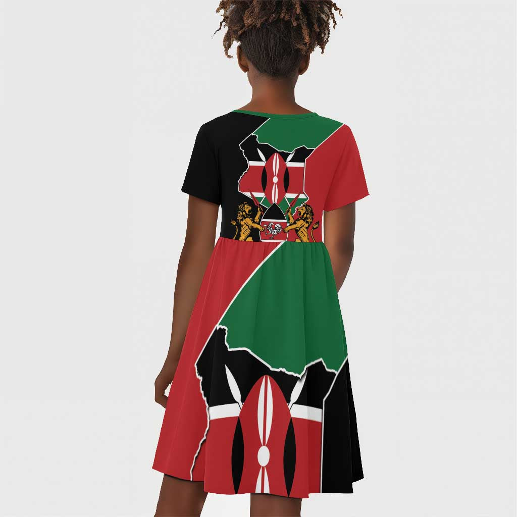 Kenya 254 Kid Short Sleeve Dress Kenyan Flag Map Double Lion Shield - African Pride