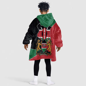 Kenya 254 Kid Wearable Blanket Hoodie Kenyan Flag Map Double Lion Shield - African Pride