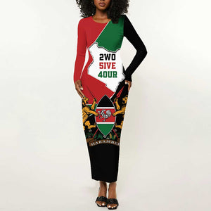 Kenya 254 Long Sleeve Bodycon Dress Kenyan Flag Map Double Lion Shield - African Pride