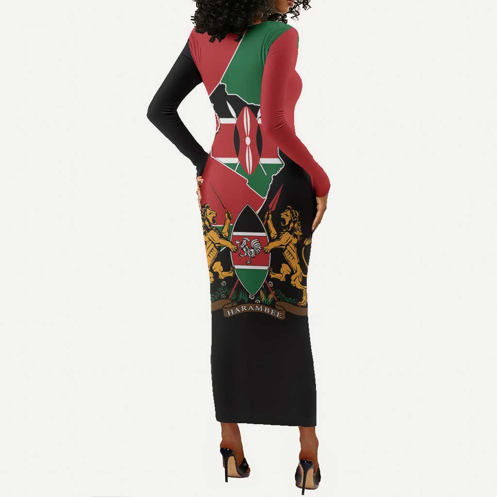 Kenya 254 Long Sleeve Bodycon Dress Kenyan Flag Map Double Lion Shield - African Pride