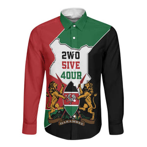 Kenya 254 Long Sleeve Button Shirt Kenyan Flag Map Double Lion Shield - African Pride