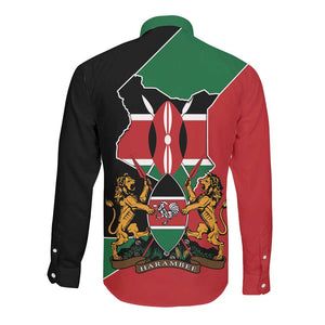 Kenya 254 Long Sleeve Button Shirt Kenyan Flag Map Double Lion Shield - African Pride