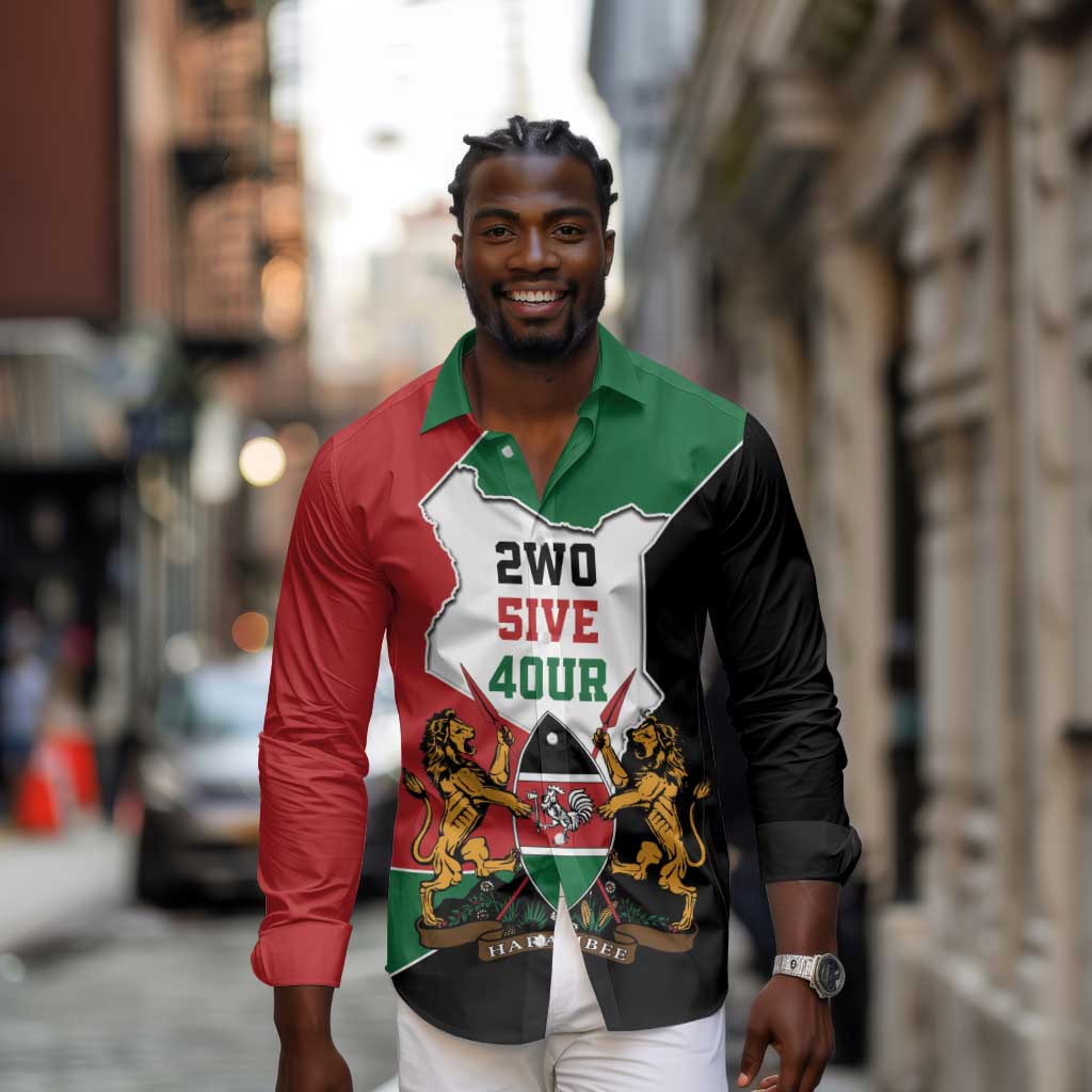 Kenya 254 Long Sleeve Button Shirt Kenyan Flag Map Double Lion Shield - African Pride