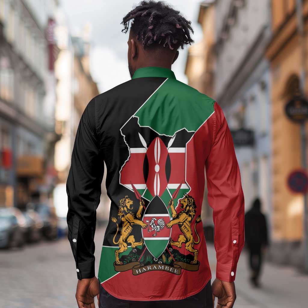Kenya 254 Long Sleeve Button Shirt Kenyan Flag Map Double Lion Shield - African Pride