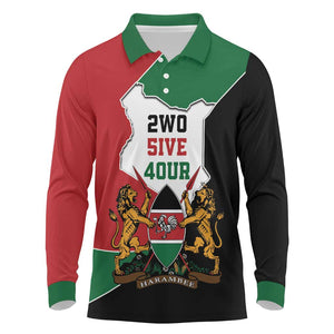 Kenya 254 Long Sleeve Polo Shirt Kenyan Flag Map Double Lion Shield - African Pride