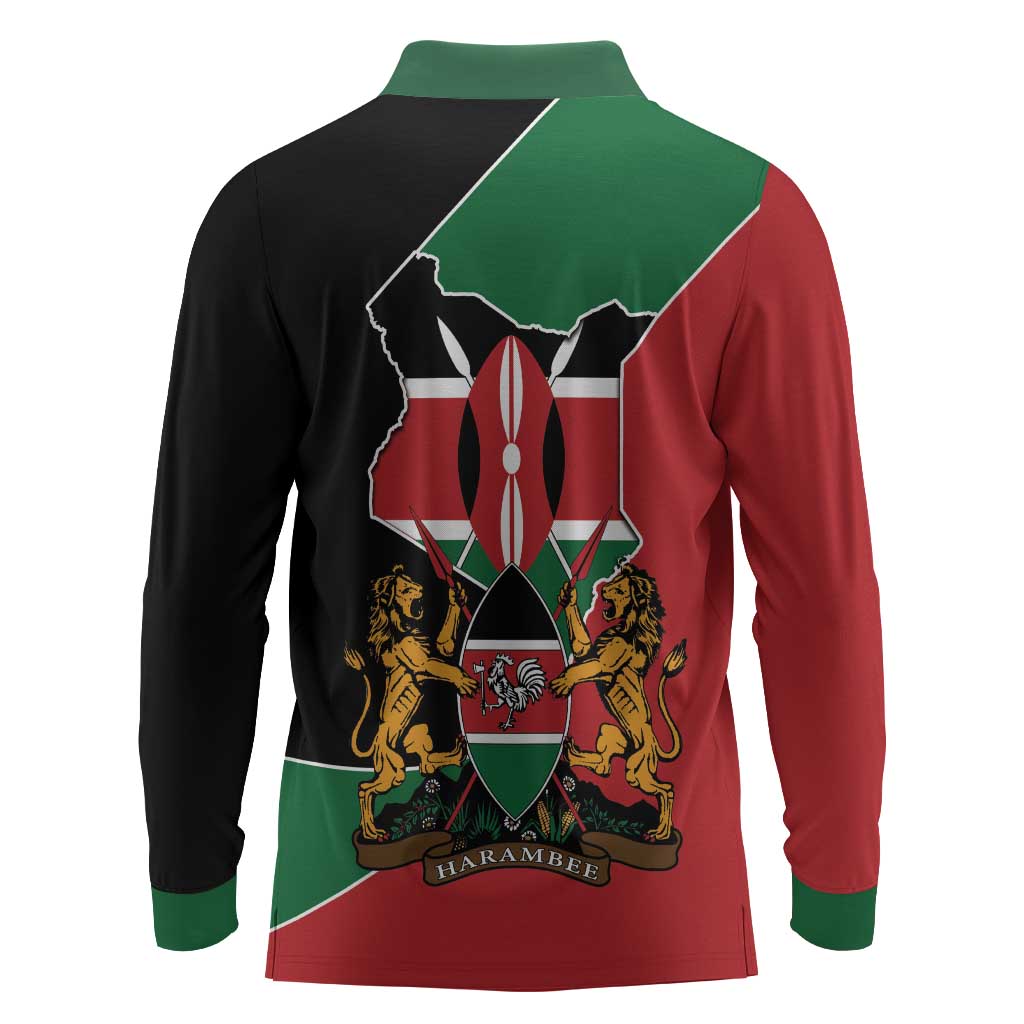 Kenya 254 Long Sleeve Polo Shirt Kenyan Flag Map Double Lion Shield - African Pride