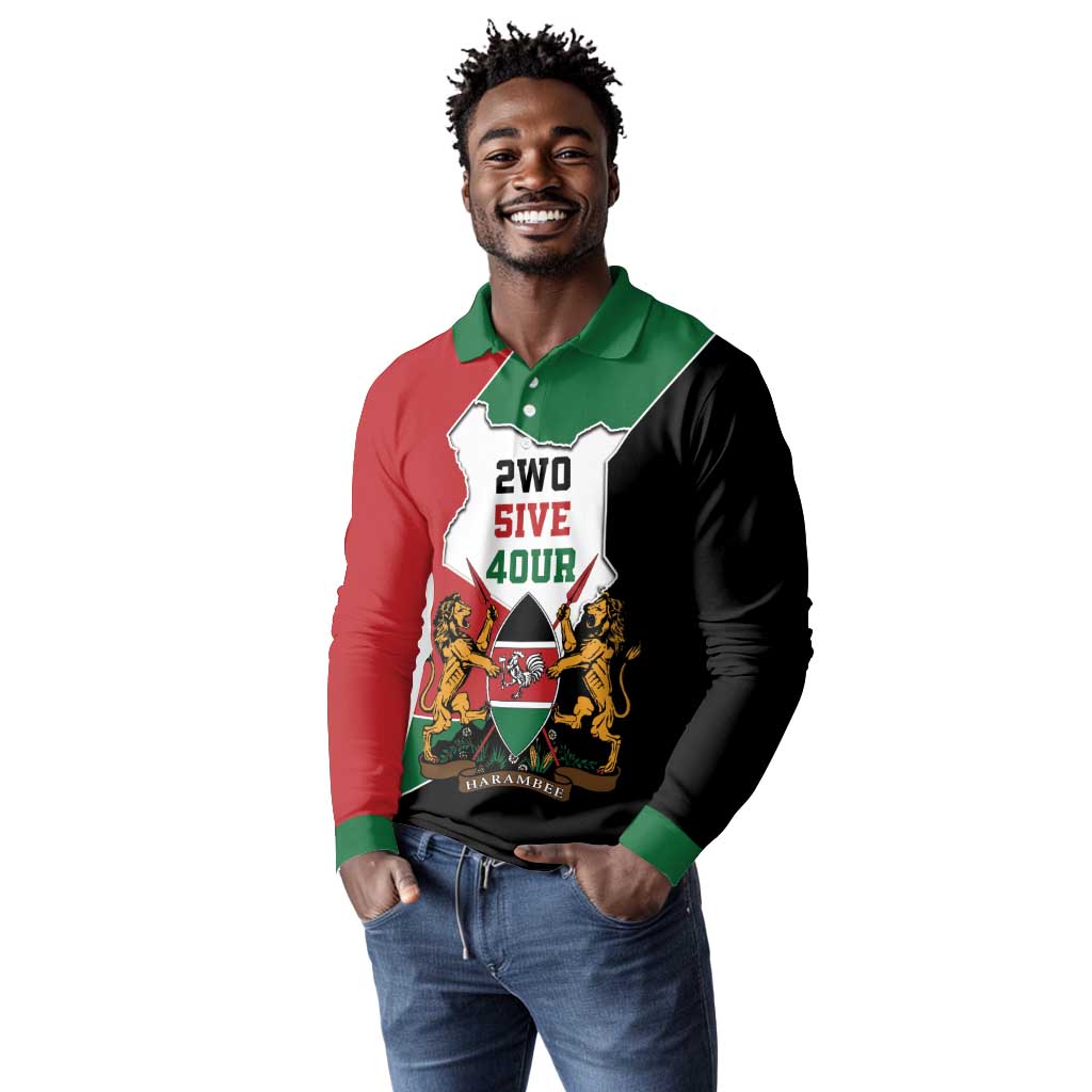 Kenya 254 Long Sleeve Polo Shirt Kenyan Flag Map Double Lion Shield - African Pride