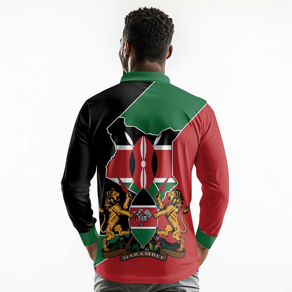 Kenya 254 Long Sleeve Polo Shirt Kenyan Flag Map Double Lion Shield - African Pride