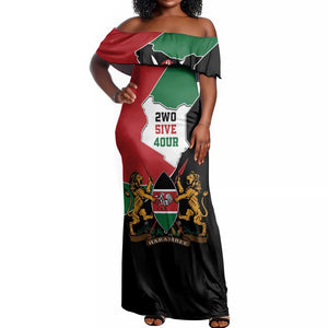 Kenya 254 Off Shoulder Maxi Dress Kenyan Flag Map Double Lion Shield - African Pride