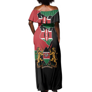 Kenya 254 Off Shoulder Maxi Dress Kenyan Flag Map Double Lion Shield - African Pride