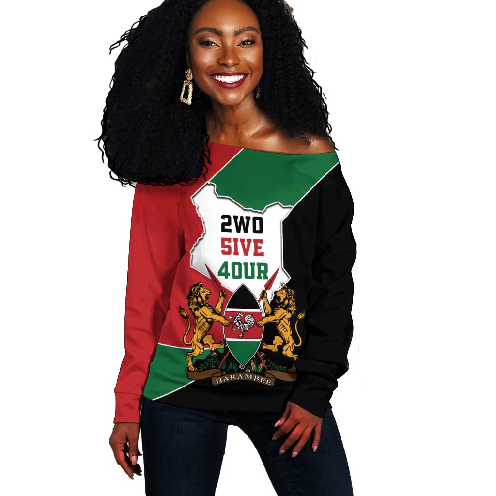 Kenya 254 Off Shoulder Sweater Kenyan Flag Map Double Lion Shield - African Pride
