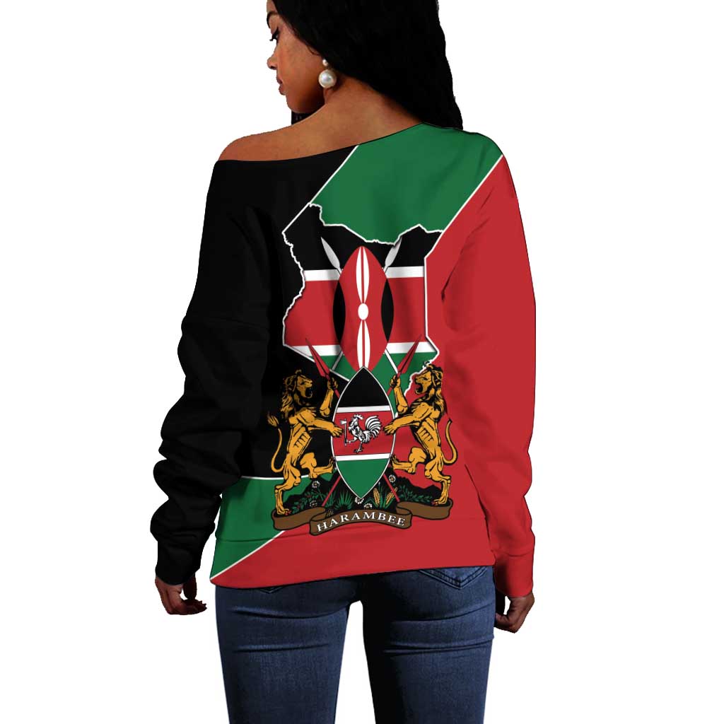 Kenya 254 Off Shoulder Sweater Kenyan Flag Map Double Lion Shield - African Pride
