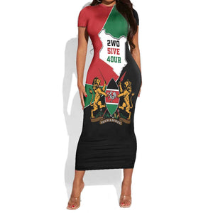 Kenya 254 Short Sleeve Bodycon Dress Kenyan Flag Map Double Lion Shield - African Pride