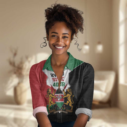 Kenya 254 Women Casual Shirt Kenyan Flag Map Double Lion Shield - African Pride