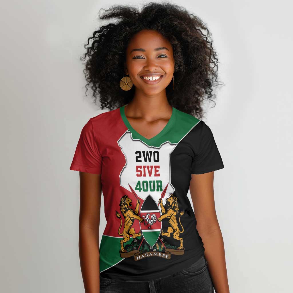 Kenya 254 Women V-Neck T-Shirt Kenyan Flag Map Double Lion Shield - African Pride