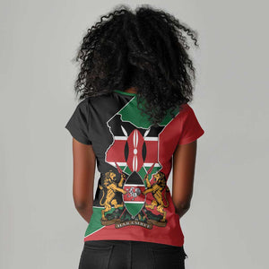 Kenya 254 Women V-Neck T-Shirt Kenyan Flag Map Double Lion Shield - African Pride