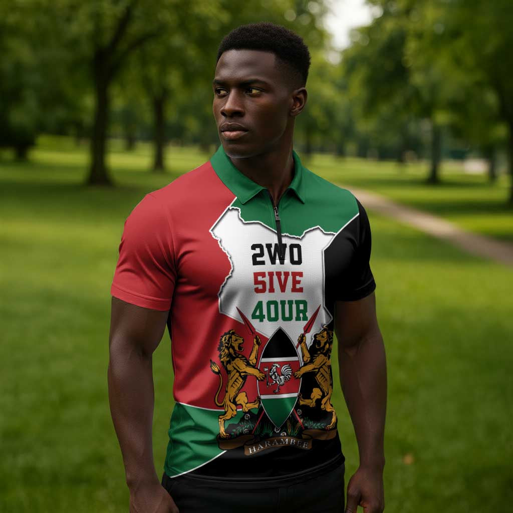 Kenya 254 Zipper Polo Shirt Kenyan Flag Map Double Lion Shield