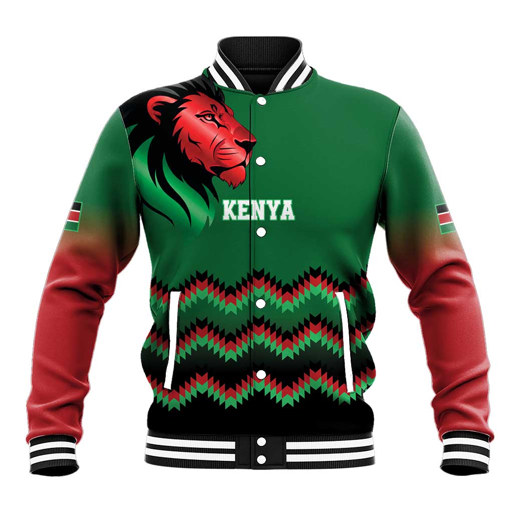 Custom Cricket Africa Kenya Baseball Jacket Green Lion Head with Kenyan Pattern - African Pride
