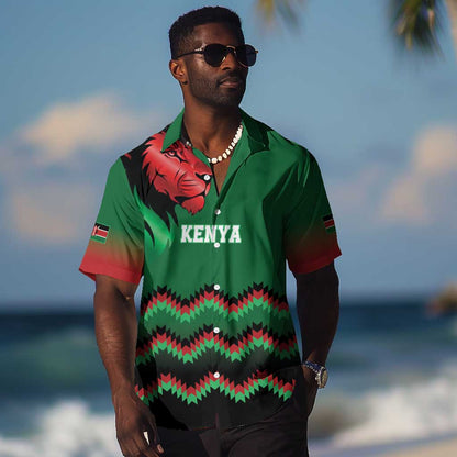 Custom Cricket Africa Kenya Hawaiian Shirt Green Lion Head with Kenyan Pattern - African Pride