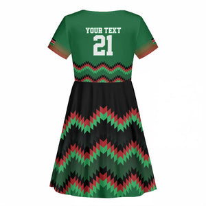 Custom Cricket Africa Kenya Kid Short Sleeve Dress Green Lion Head with Kenyan Pattern - African Pride