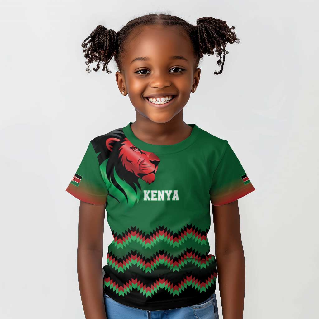Custom Cricket Africa Kenya Kid T shirt Green Lion Head with Kenyan Pattern - African Pride