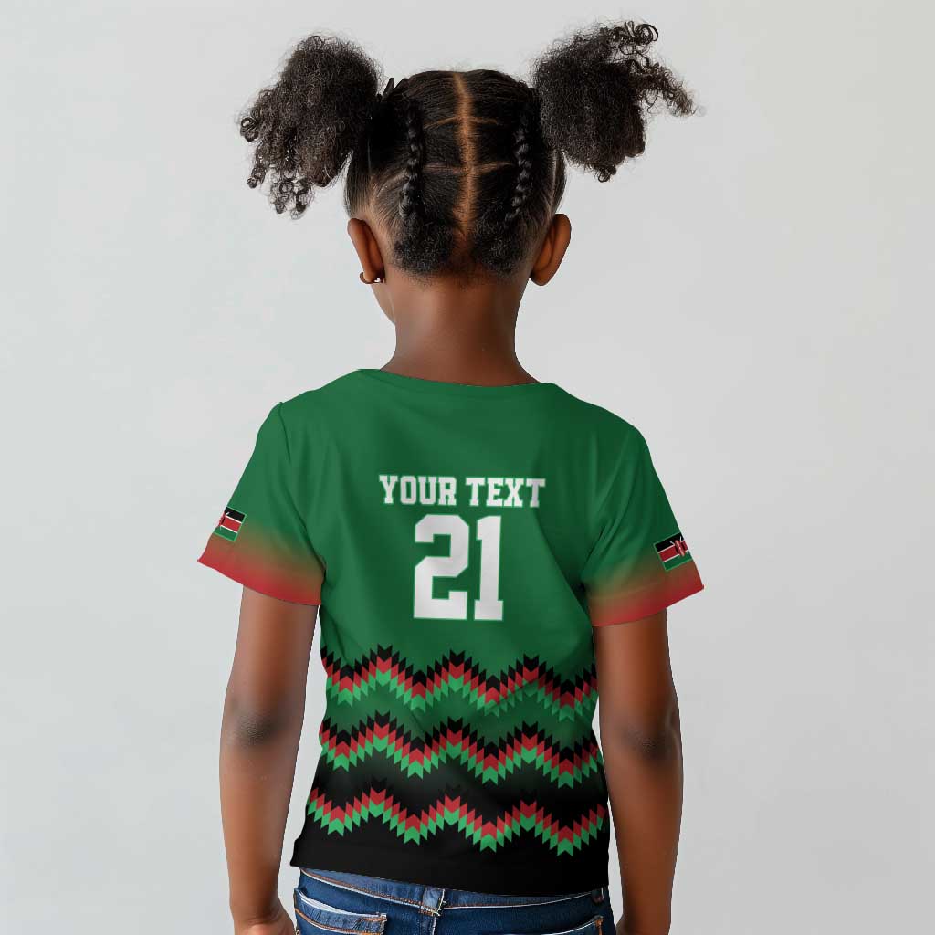Custom Cricket Africa Kenya Kid T shirt Green Lion Head with Kenyan Pattern - African Pride