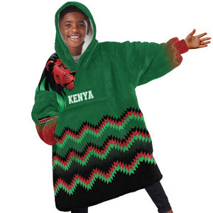 Custom Cricket Africa Kenya Kid Wearable Blanket Hoodie Green Lion Head with Kenyan Pattern - African Pride