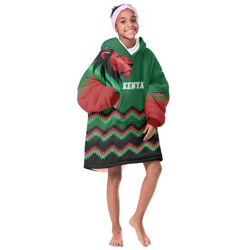 Custom Cricket Africa Kenya Kid Wearable Blanket Hoodie Green Lion Head with Kenyan Pattern - African Pride
