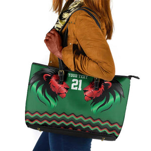 Custom Cricket Africa Kenya Leather Tote Bag Green Lion Head with Kenyan Pattern - African Pride