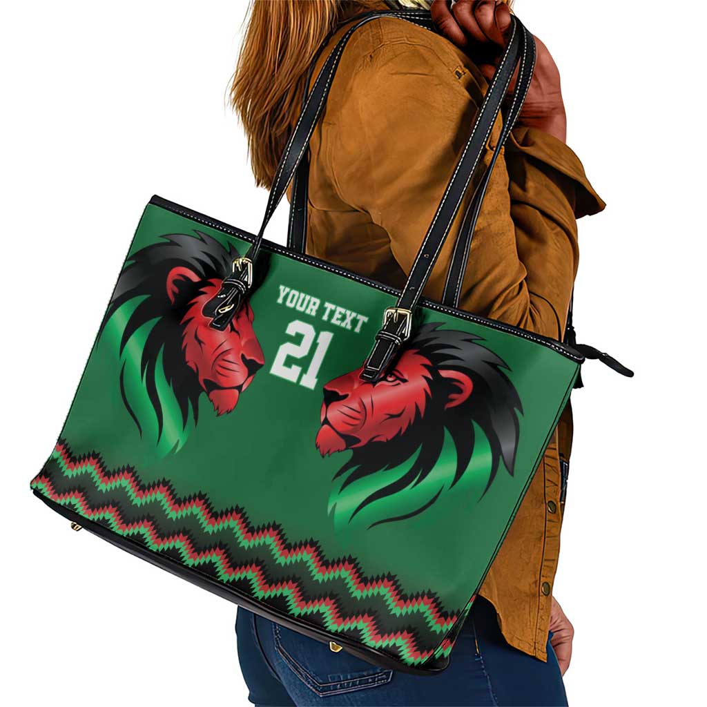 Custom Cricket Africa Kenya Leather Tote Bag Green Lion Head with Kenyan Pattern - African Pride